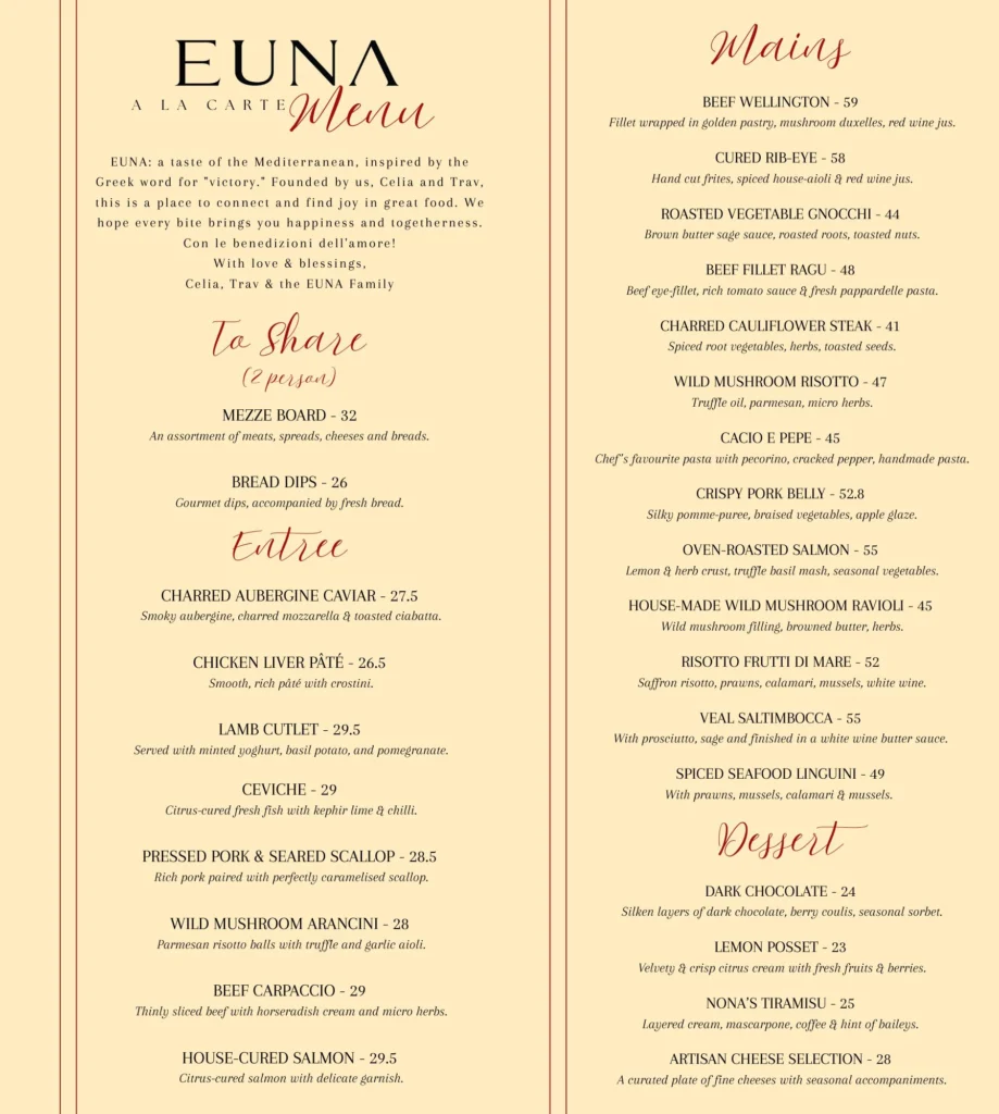 A La Carte Menu Aug 2025