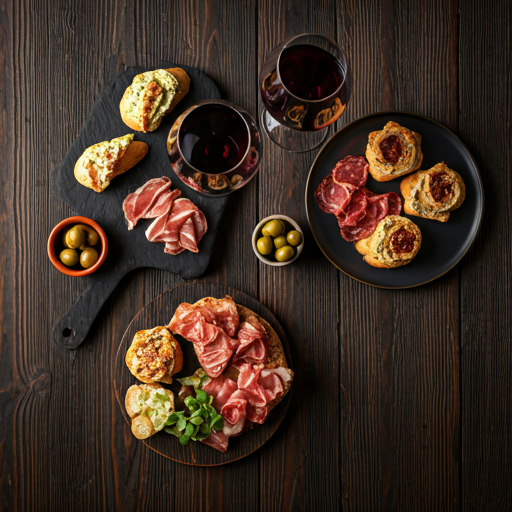 Top-down editorial shot of an elegant dark wood table with artisanal tapas, charcuterie, olives, and two glasses of deep red wine in a moody candlelit setting